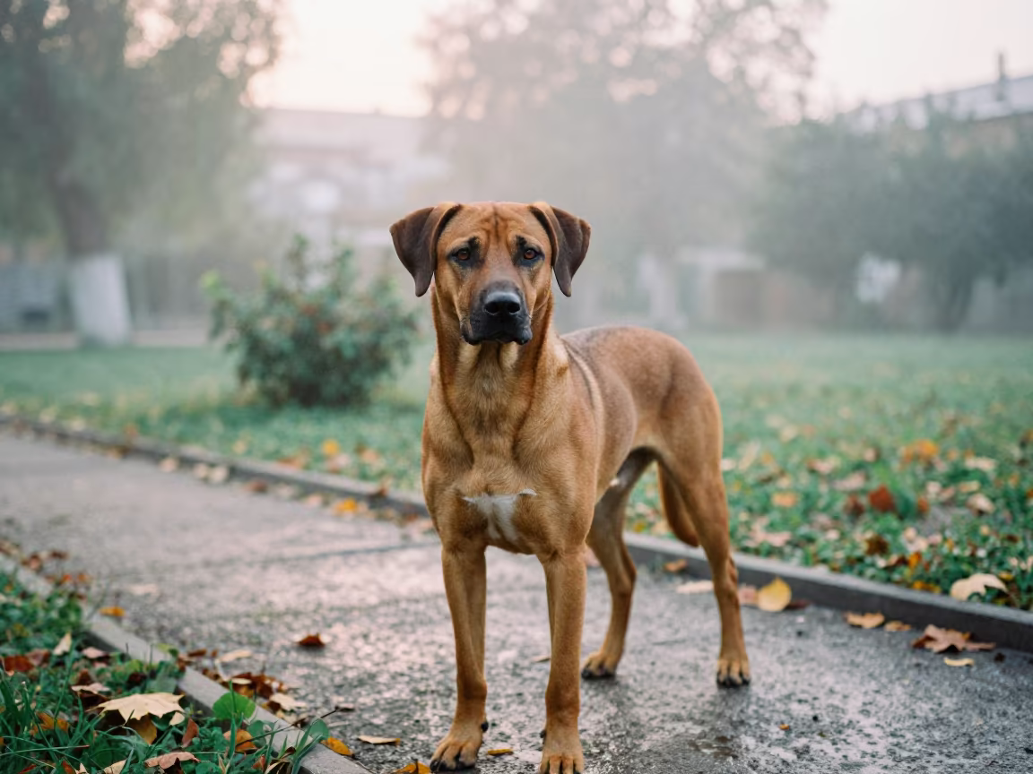 Rhodesian Ridgeback Portrait in Almaty Autumn Mist in near a garden edge with soft morning light and an uncluttered background in Almaty