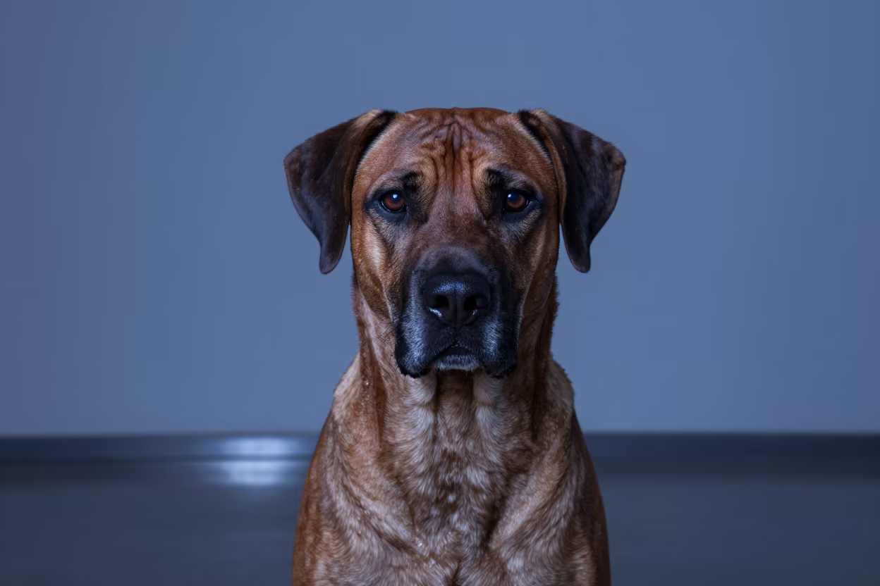 Rhodesian Ridgeback Portrait in Cool Twilight Studio in in a quiet portrait studio with a plain backdrop and eye-level framing near El Paso
