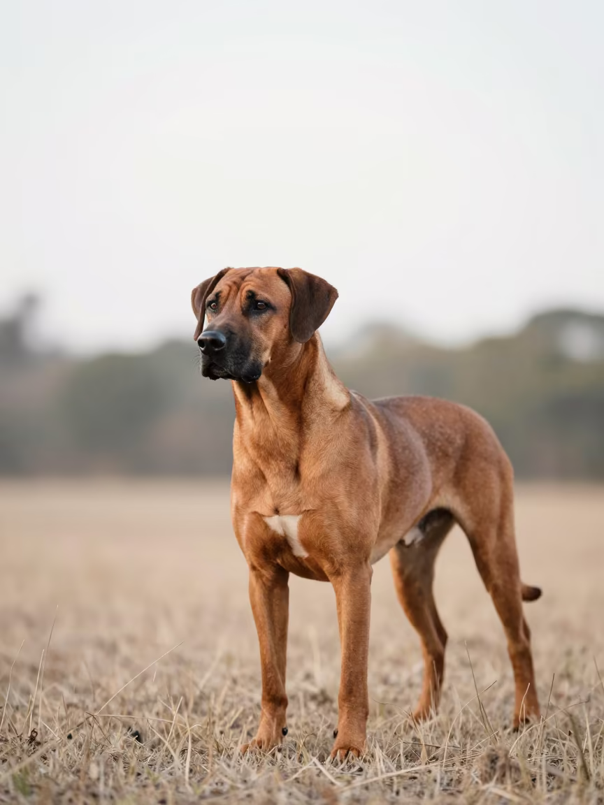 Rhodesian Ridgeback Portrait in Maseru Morning Light in near a garden edge with soft morning light and an uncluttered background in Maseru