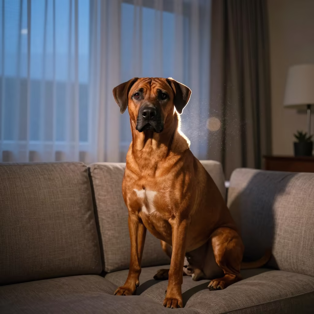 Rhodesian Ridgeback Portrait in Taoyuan Twilight in on a sofa near a curtained window with calm indoor light near Taoyuan