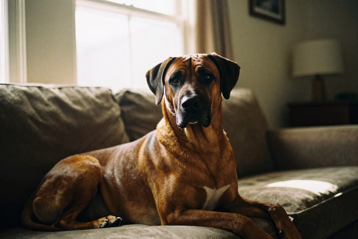 Rhodesian Ridgeback Portrait Near Window in on a sofa near a curtained window with calm indoor light in Preston