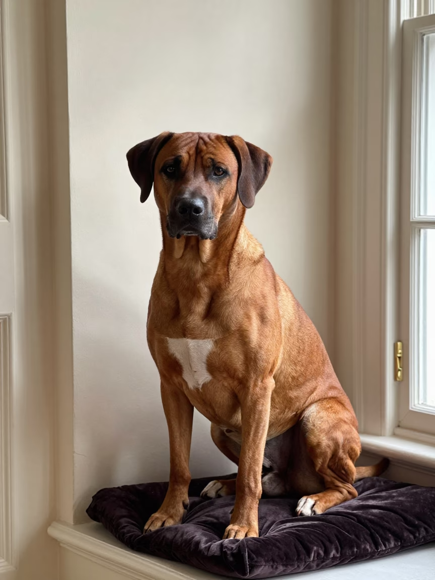 Rhodesian Ridgeback Portrait on London Window Seat in on a cushioned window seat with soft side light and an uncluttered background in London