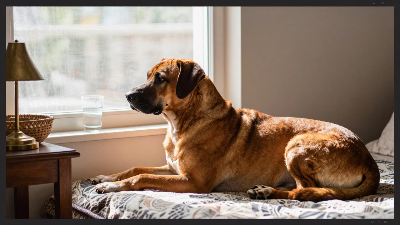 Rhodesian Ridgeback Resting by Window in Djibouti Home in on a bedspread near a bright window with calm indoor light in Djibouti