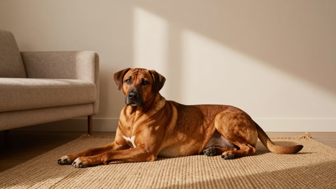 Rhodesian Ridgeback Resting Midnight String Lights in on a woven rug beside a low couch and an uncluttered wall near Bhilai