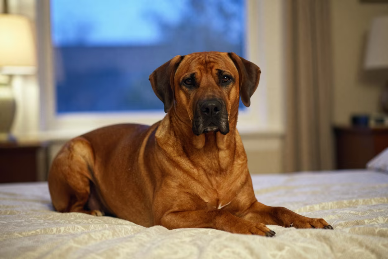 Rhodesian Ridgeback Resting on Bedspread in on a bedspread near a bright window with calm indoor light in Wenzhou
