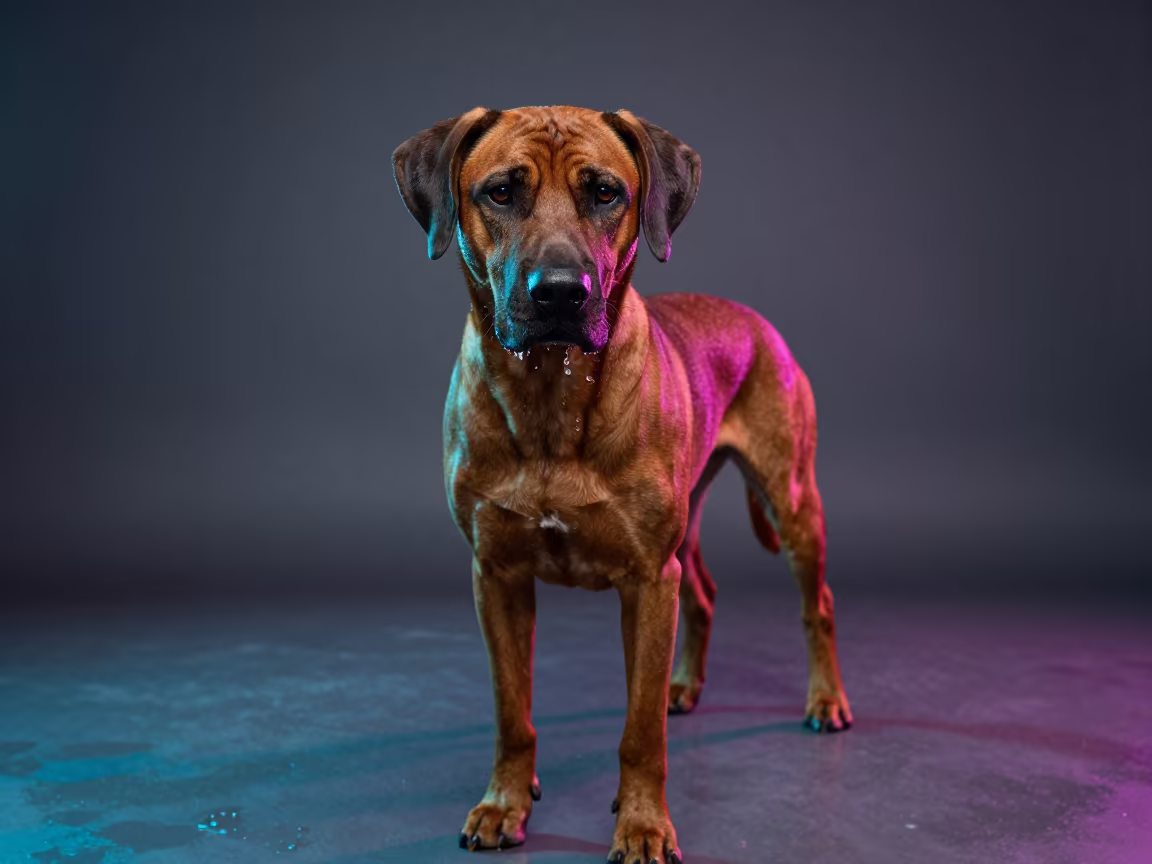 Rhodesian Ridgeback Studio Portrait in Neon Light in in a quiet portrait studio with a plain backdrop and eye-level framing in Da Nang