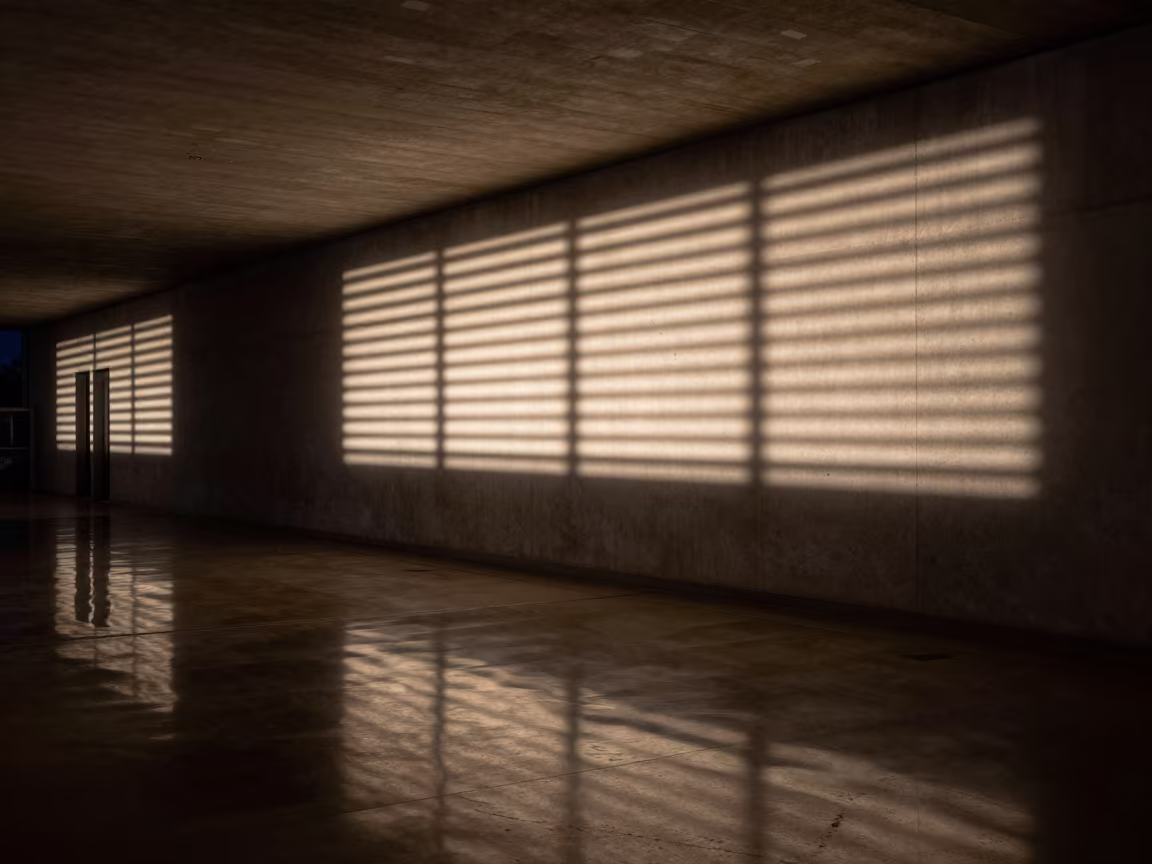 Rhythmic Shadows from Venetian Blind in Kaunas Lobby in inside a ribbed concrete lobby near Kaunas