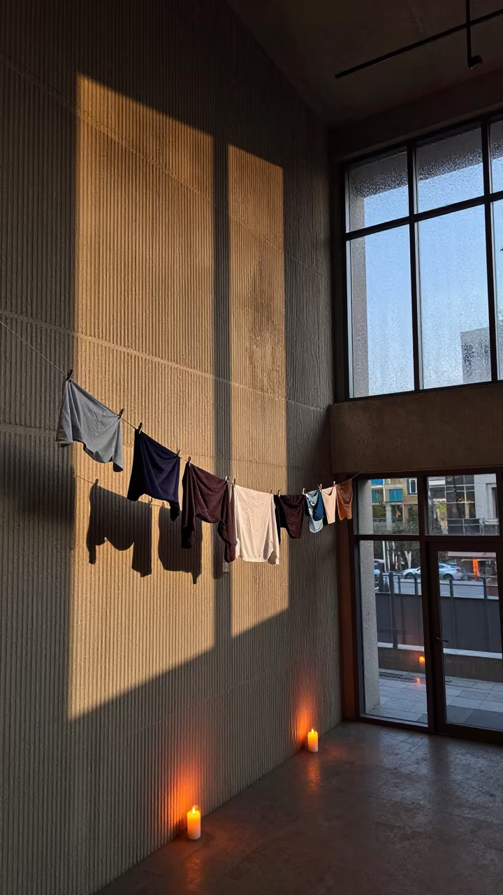 Rhythmic Shadows on Yerevan Lobby Wall in inside a ribbed concrete lobby in Yerevan