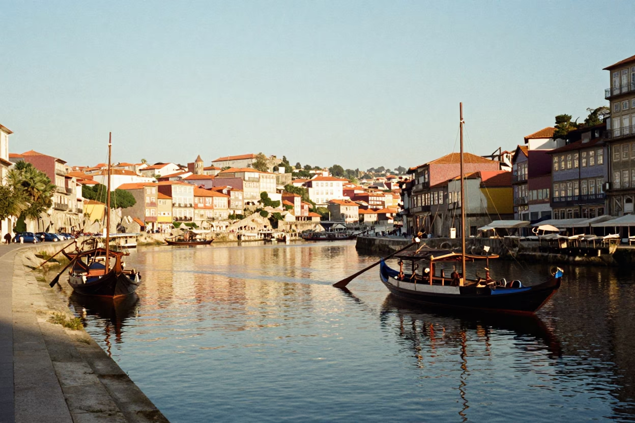 Ria de Aveiro style canal landscape in Porto Portugal late afternoon sunlight in in Porto, Portugal