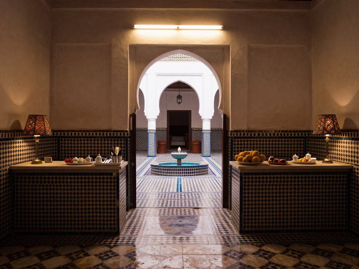 Riad Breakfast Alcove Before Dawn in Marrakech Spa in inside a spa reception in Marrakech