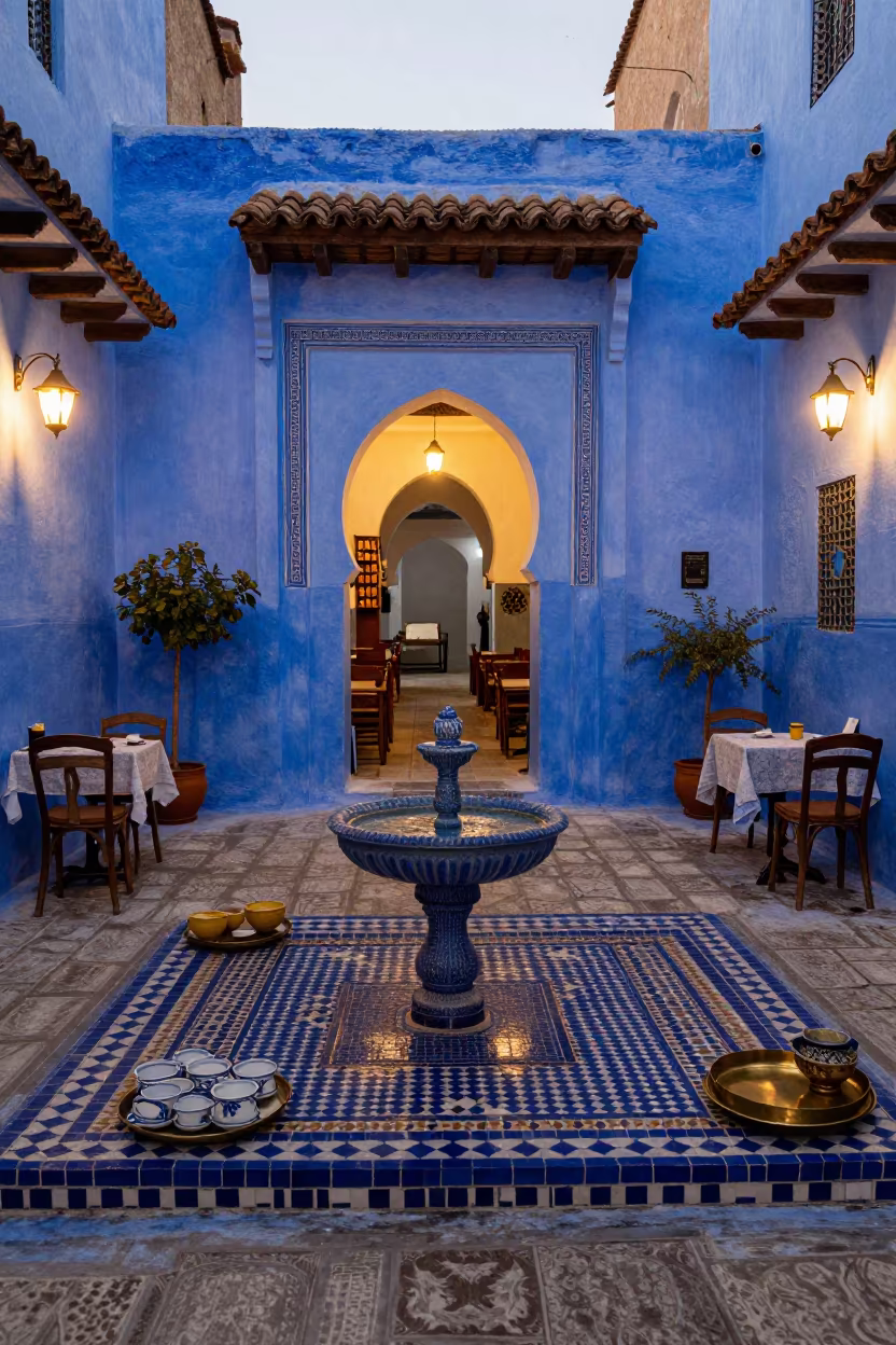 Riad Breakfast Alcove Blue Hour Chefchaouen in in a quiet guest corridor in Chefchaouen