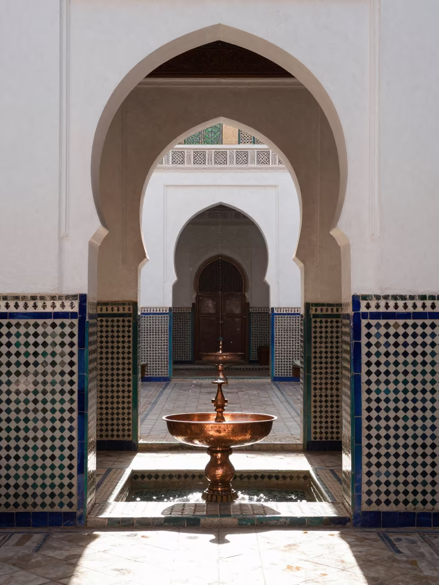 Riad Breakfast Alcove Fez Noon in inside a banquet hall before service in Fez