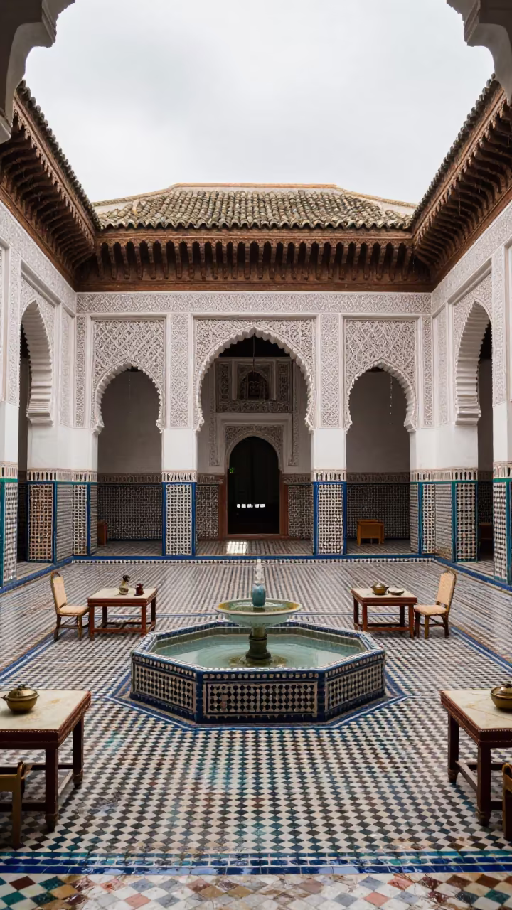 Riad Breakfast Courtyard Fountain After Rain in beside a tiled courtyard fountain in Souks, Marrakech