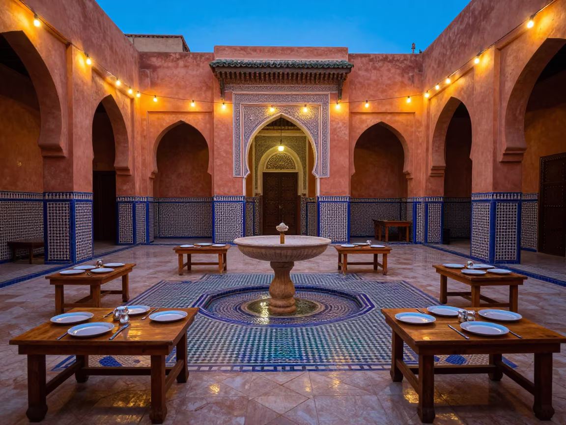 Riad Breakfast Courtyard with Fountain and Steel Blue Light in in a courtyard prepared for breakfast service near Mouassine, Marrakech