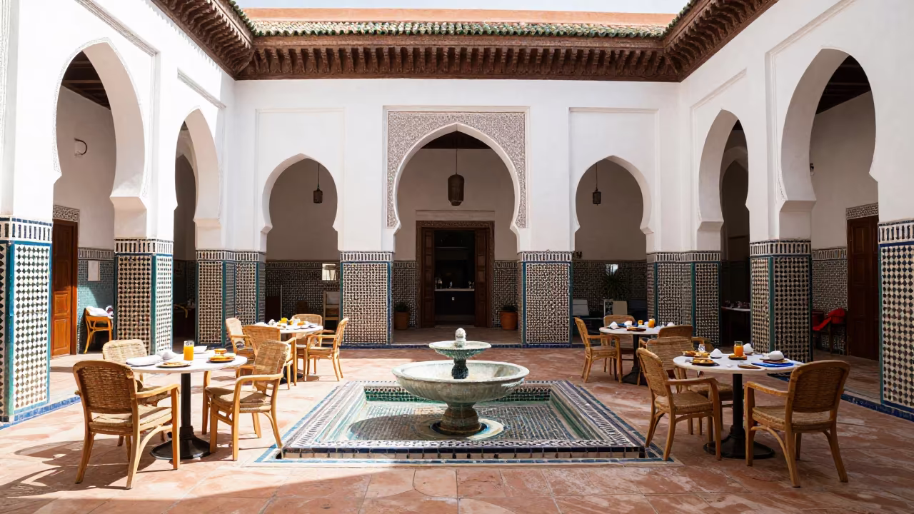 Riad Breakfast Courtyard Gallery Before Service in under a shaded inner courtyard arcade near Marrakech