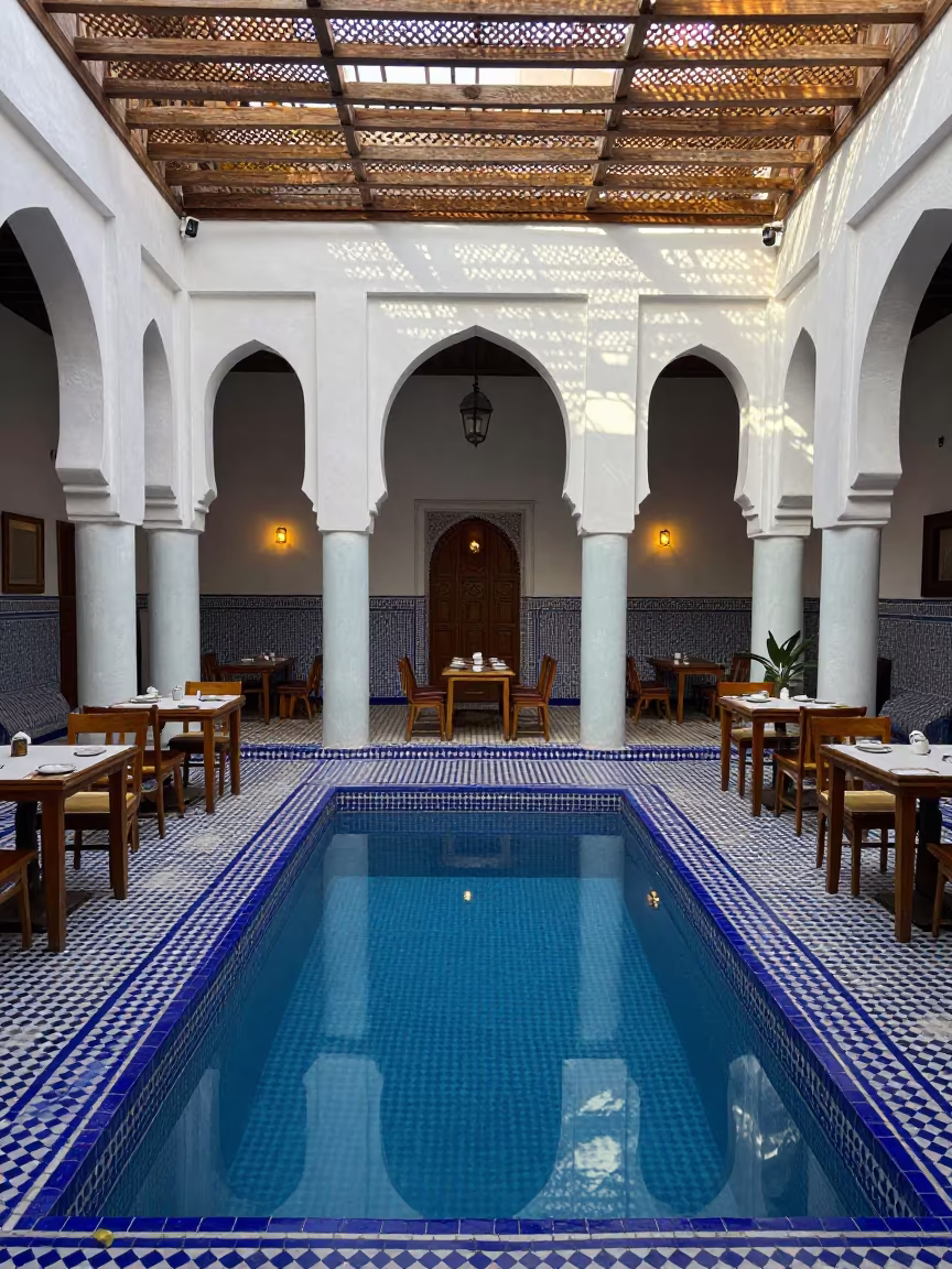Riad Plunge Pool Mosaic Floor Cedar Shadows in inside a breakfast room before opening near Chefchaouen