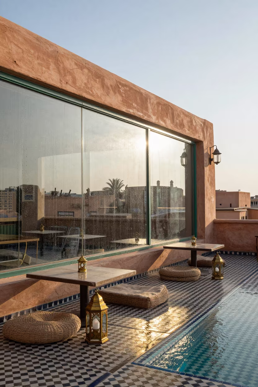 Riad Terrace Light and Rain Before Guests Arrive in in a riad courtyard near Marrakech