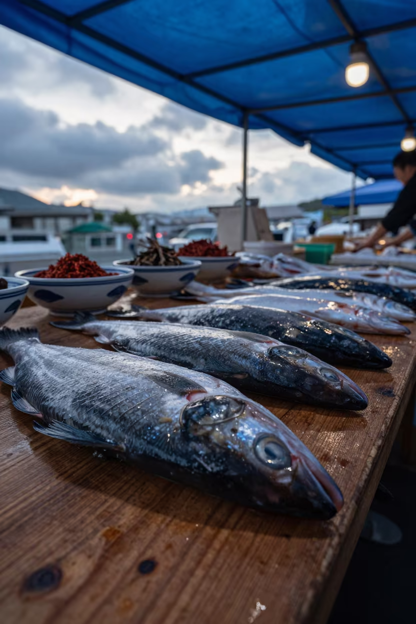 Rialto Fish Slabs Under Blue Tarps in Fukuoka Market in at a spice vendor's table in Fukuoka