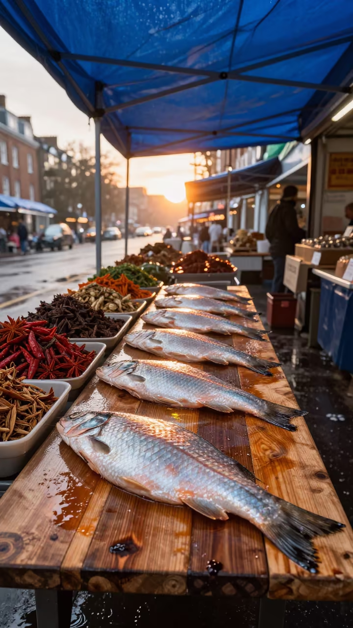 Rialto Fish Slabs Under Blue Tarps Morning Light in at a spice vendor's table in London