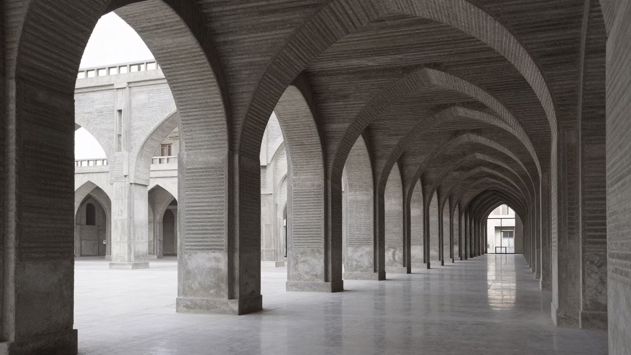 Ribbed Concrete Arches Raqqa Lobby in inside a ribbed concrete lobby in Raqqa