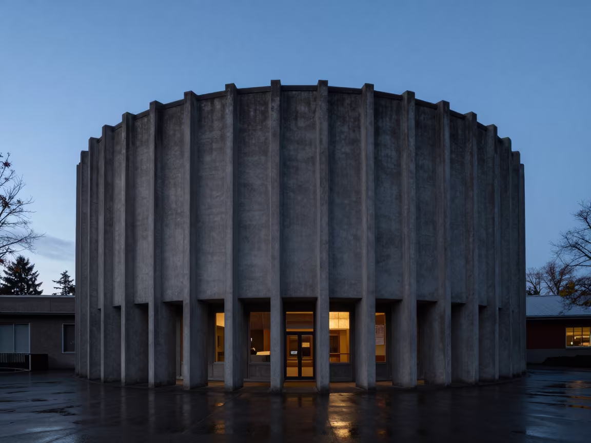 Ribbed Concrete Chapel Lobby at Blue Hour in inside a ribbed concrete lobby in Spokane