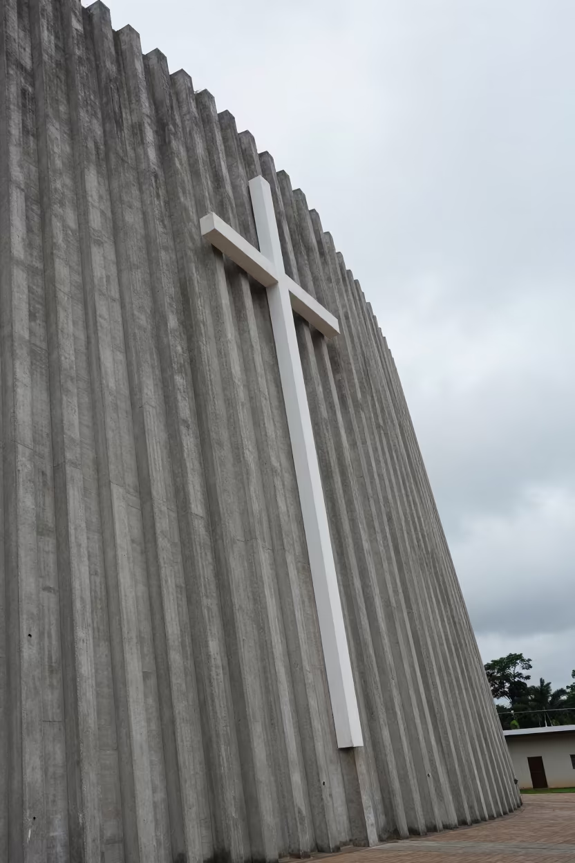 Ribbed Concrete Church Lobby in Mbuji-Mayi in inside a ribbed concrete lobby in Mbuji-Mayi