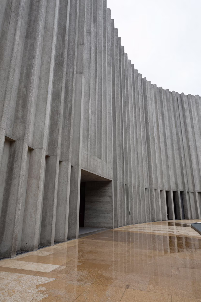 Ribbed Concrete Lobby Church Lyon Noon Light in inside a ribbed concrete lobby in Lyon