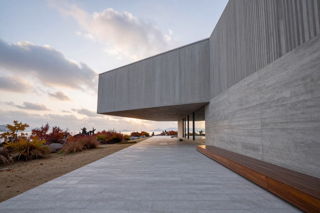 Ribbed Concrete Lobby Dawn Light Qingdao House in inside a ribbed concrete lobby in Qingdao