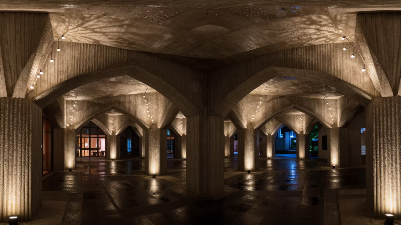 Ribbed Concrete Lobby with Lantern Light After Rain in inside a ribbed concrete lobby near Suzhou