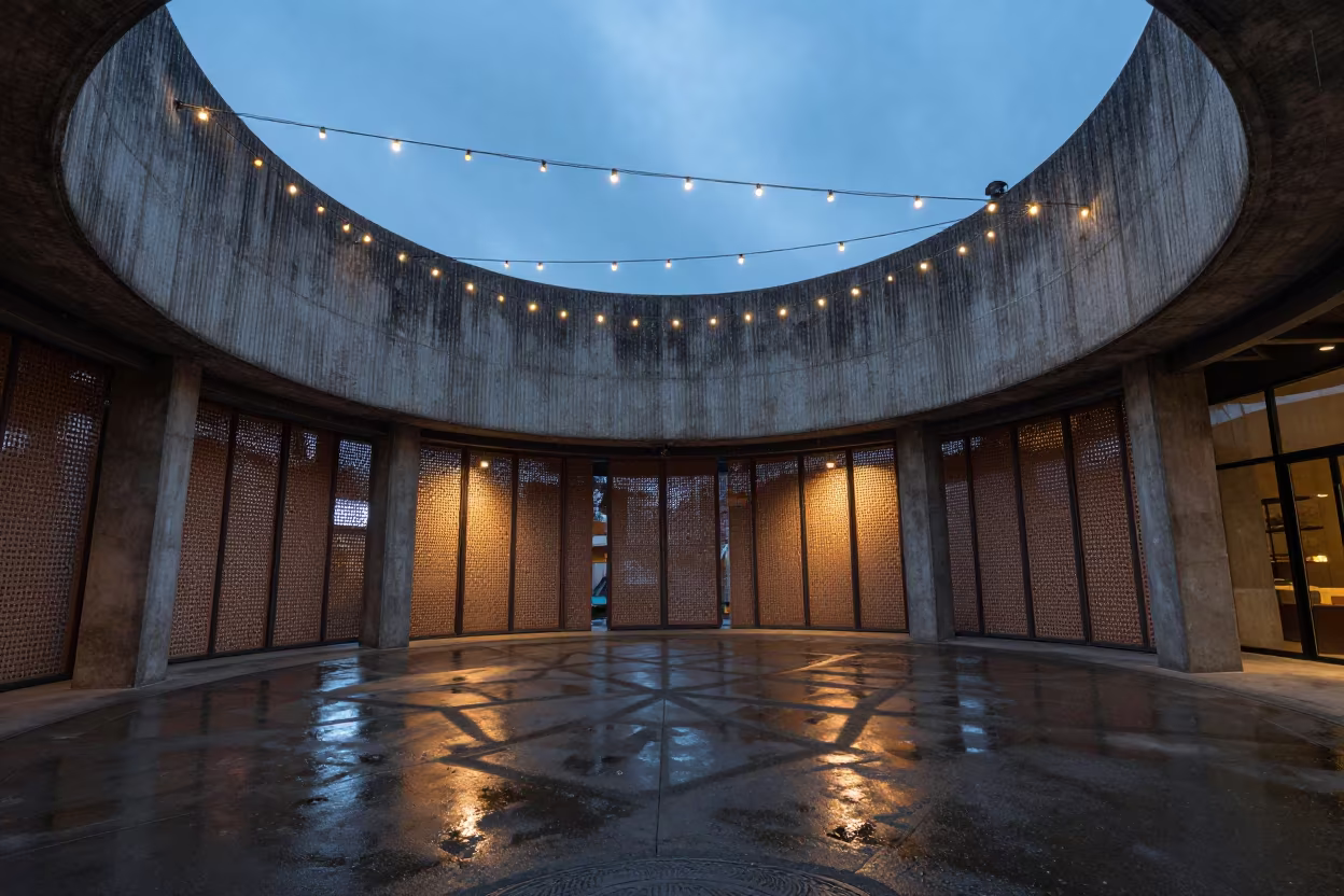 Ribbed Concrete Lobby Under Perforated Screens in inside a ribbed concrete lobby near Qingdao