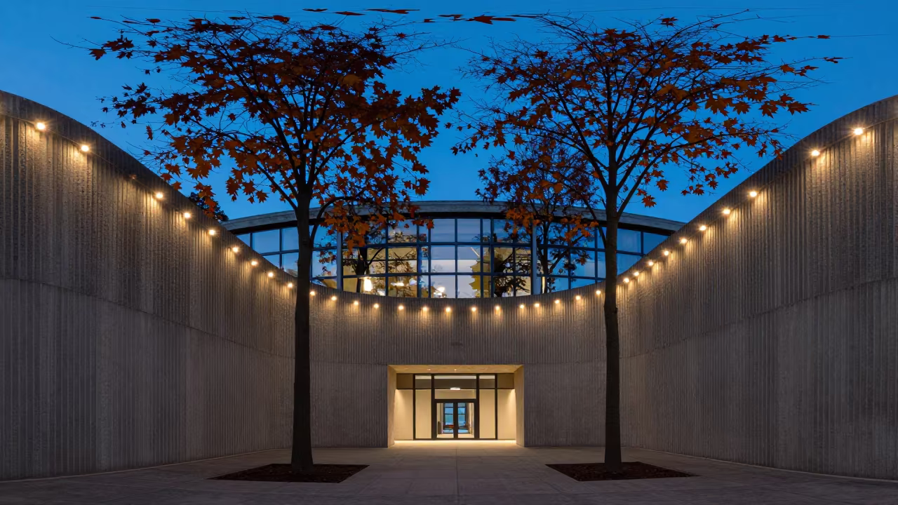 Ribbed Concrete Lobby Ribbon Windows Autumn Twilight in inside a ribbed concrete lobby in Prague