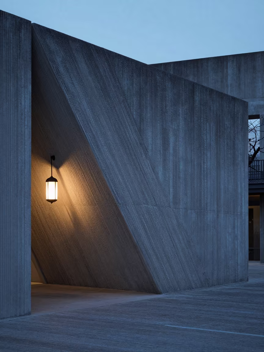 Ribbed Concrete Lobby Twilight Lantern Study in inside a ribbed concrete lobby near Bernal