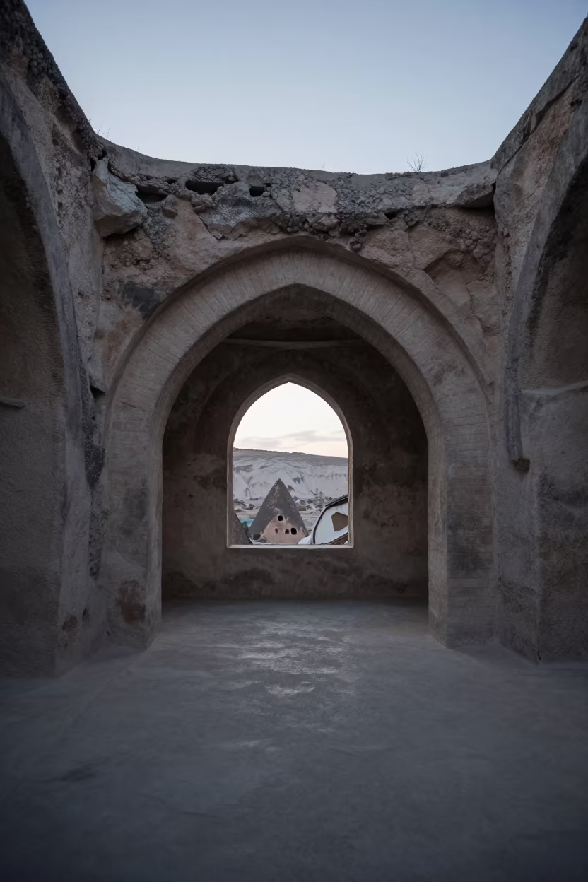 Ribbed Concrete Lobby in Winter Dawn Cappadocia in inside a ribbed concrete lobby near Göreme