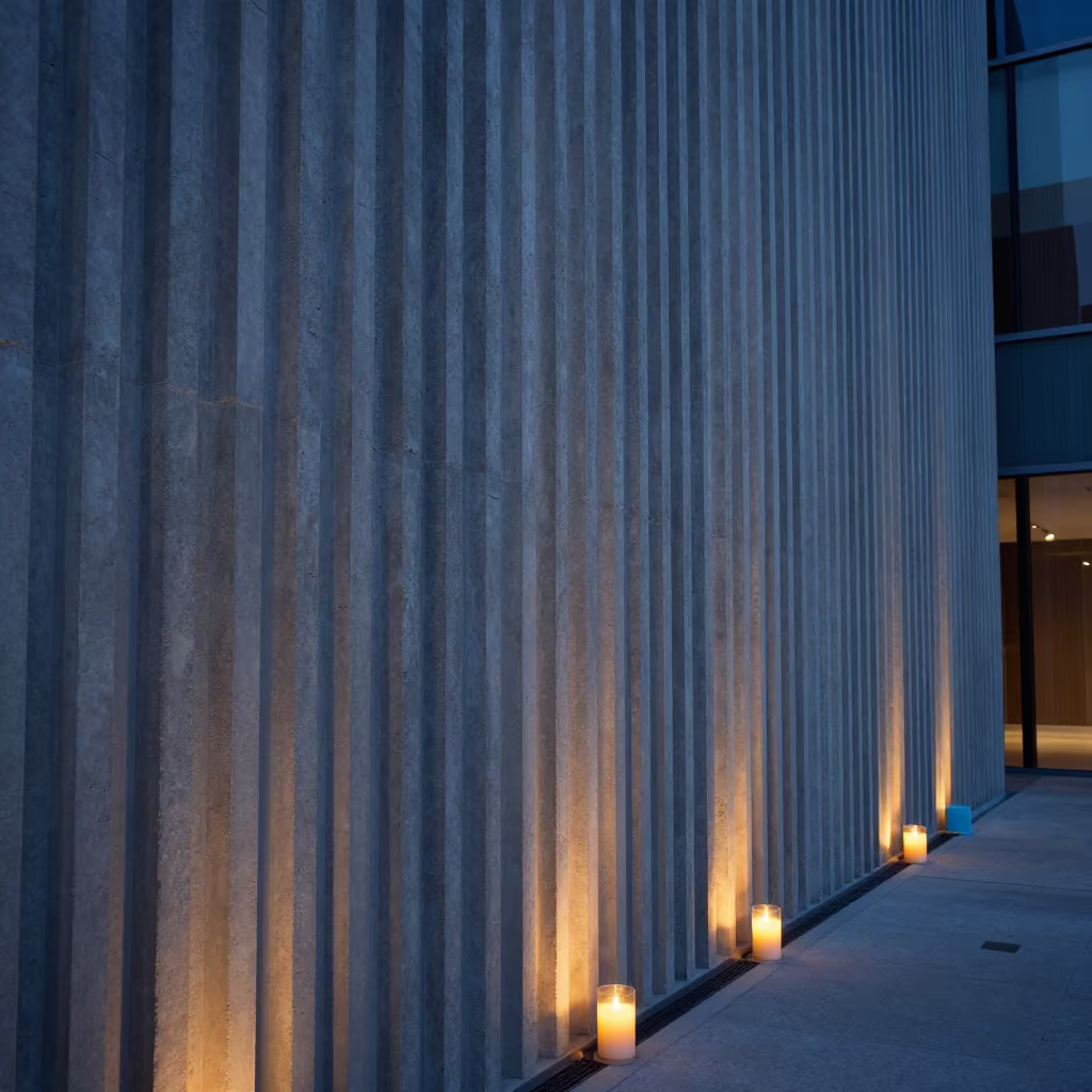 Ribbed Concrete Shadow Bands Blue Hour in inside a ribbed concrete lobby near Chongqing