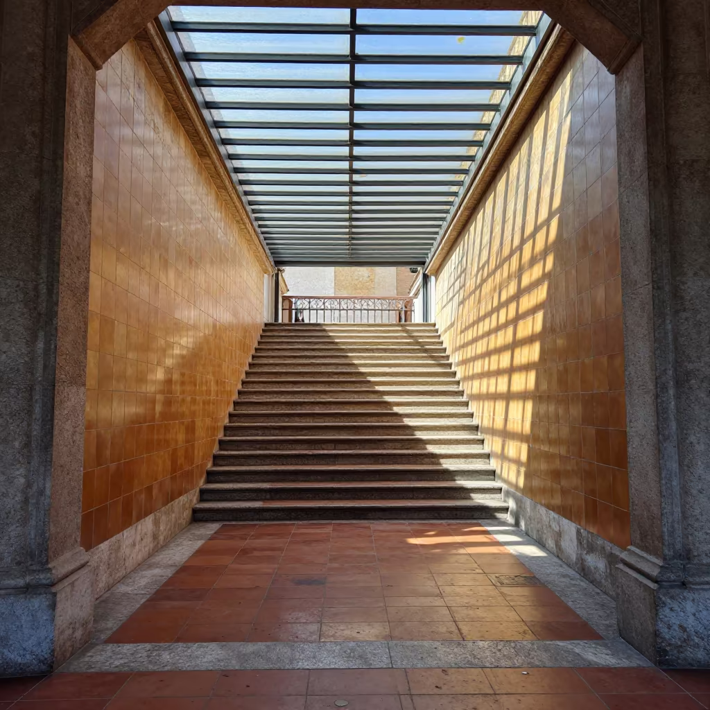 Ribbed Skylight Reflections on Tiled Staircase in inside a tiled stair hall near Lastarria, Santiago
