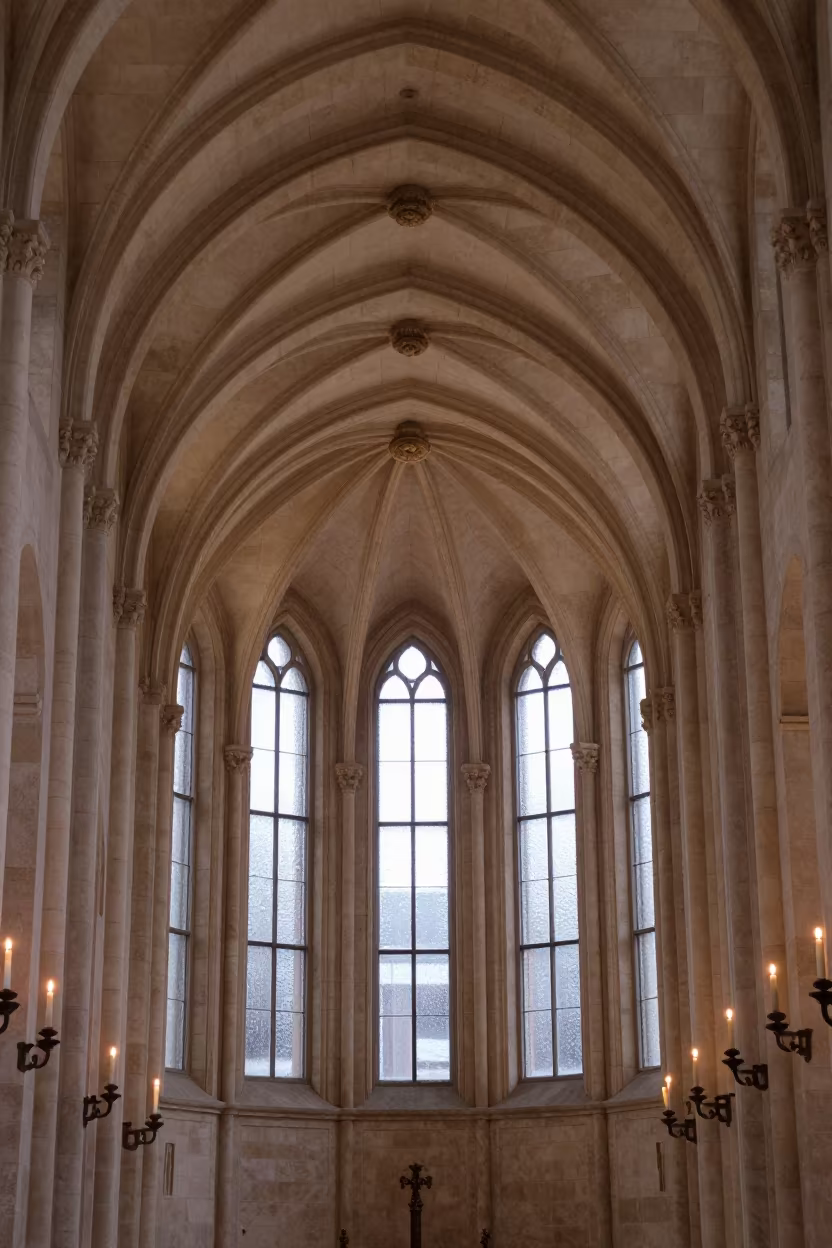 Ribbed Vault Ceiling in Candlelit Abbey Cloister in inside a candlelit abbey nave in Würzburg