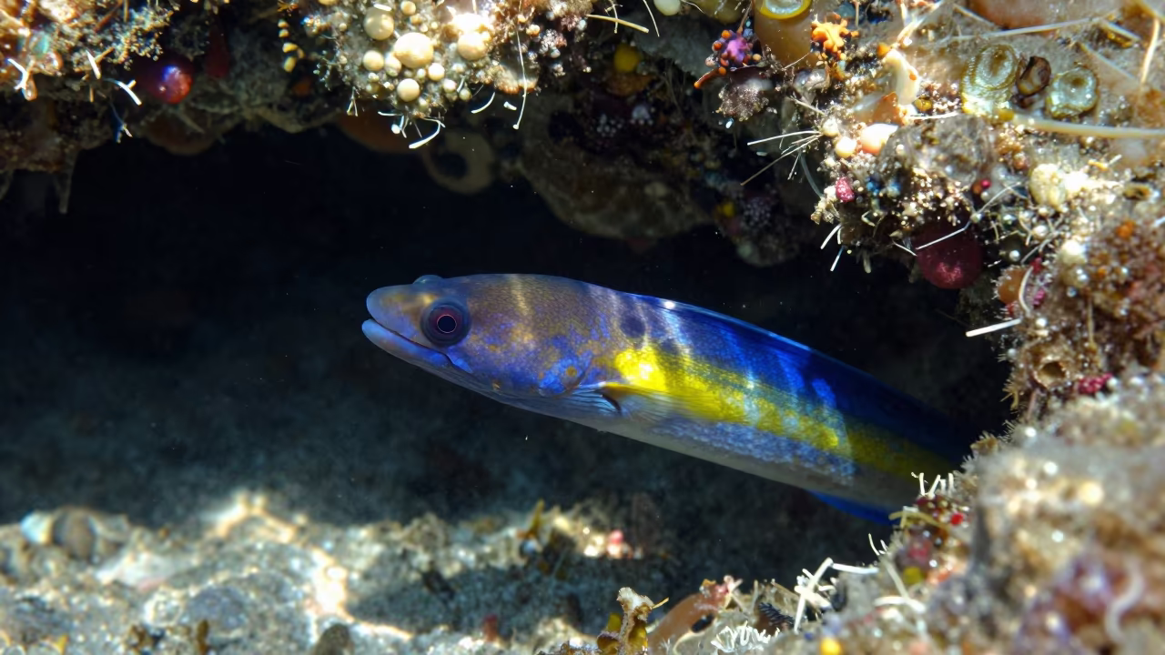 Ribbon Eel Swaying in Reef Crevice in beside a reef crevice under clear water near Denpasar