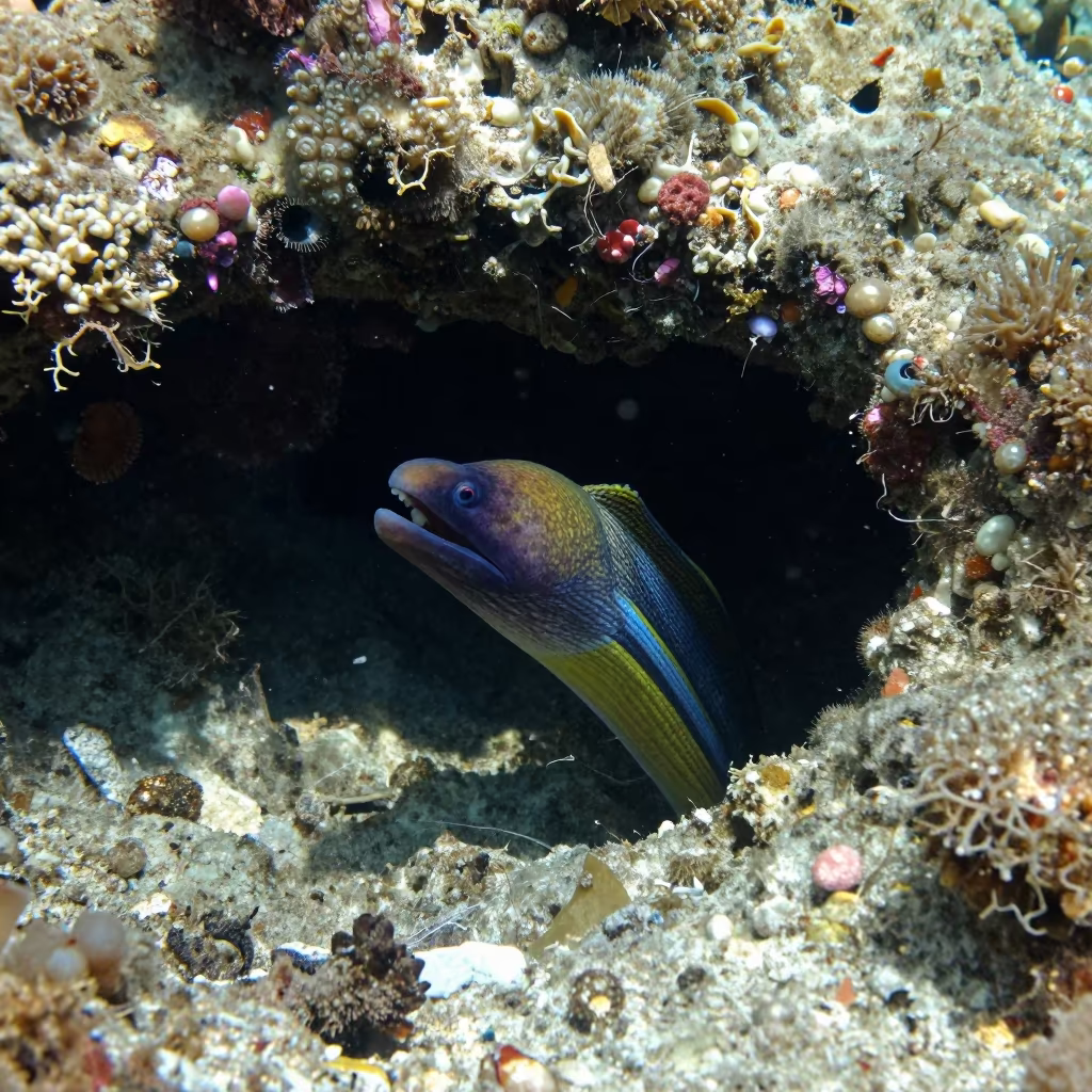 Ribbon Eel Swaying in Reef Shadow Bali in beneath a reef ledge in tropical shallows near Denpasar