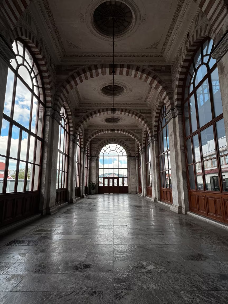 Ribbon Windows Wet Paving Sultanahmet Terminal in inside a restored train terminal in Sultanahmet, Istanbul