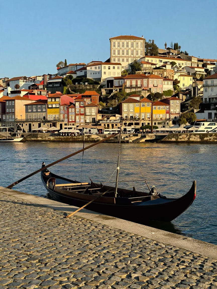 Ribeira District Cobblestones and Riverboats in Late Afternoon Light in in Porto, Portugal