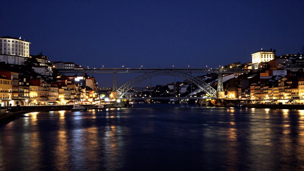 Ribeira District in Porto at Deep In The Night Light in in Porto, Portugal