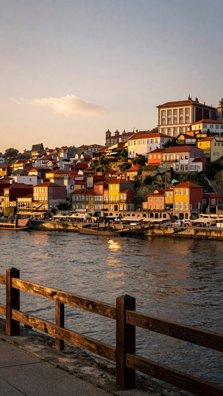 Ribeira District Sunset Panorama with Traditional Peg Rails and Historic Douro River Architecture in in Porto, Portugal