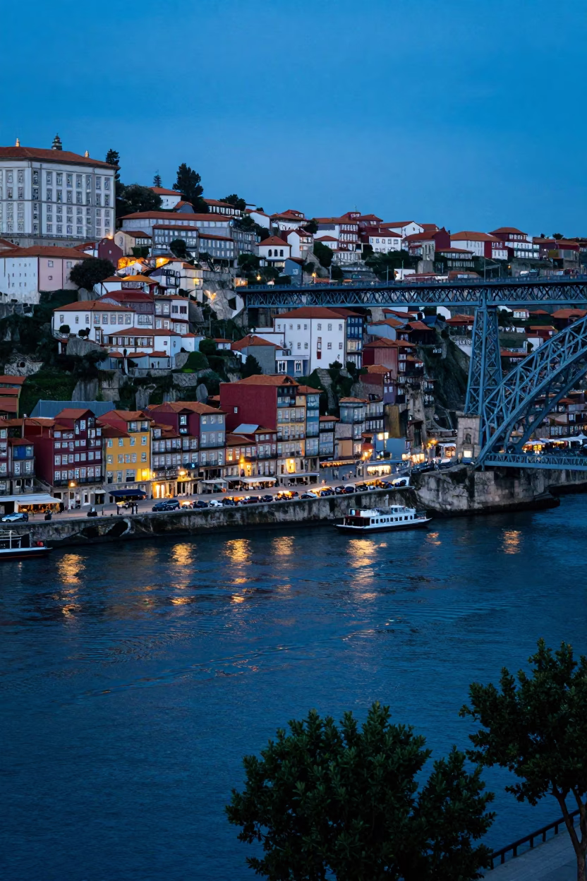 Ribeira Riverfront And Dom Luis Bridge From Douro Valley in Porto in in Porto, Portugal