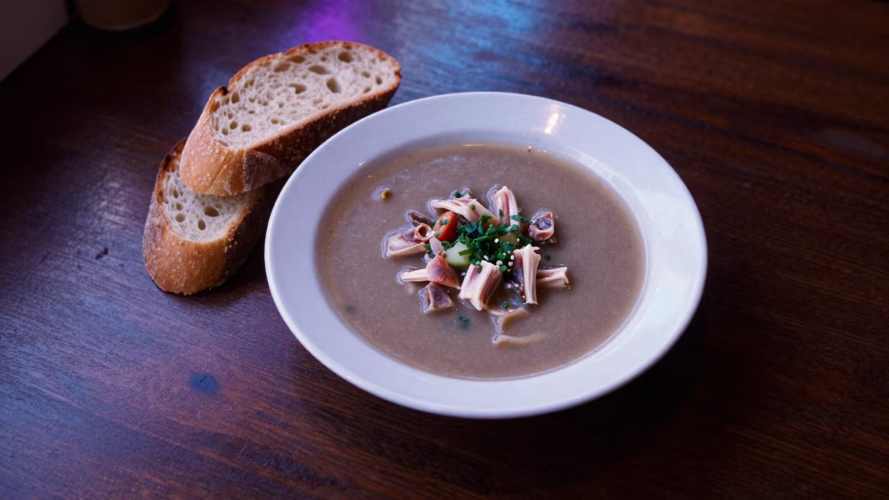 Ribollita Soup Bowl Buffalo Dawn Neon in on a restaurant table in Buffalo