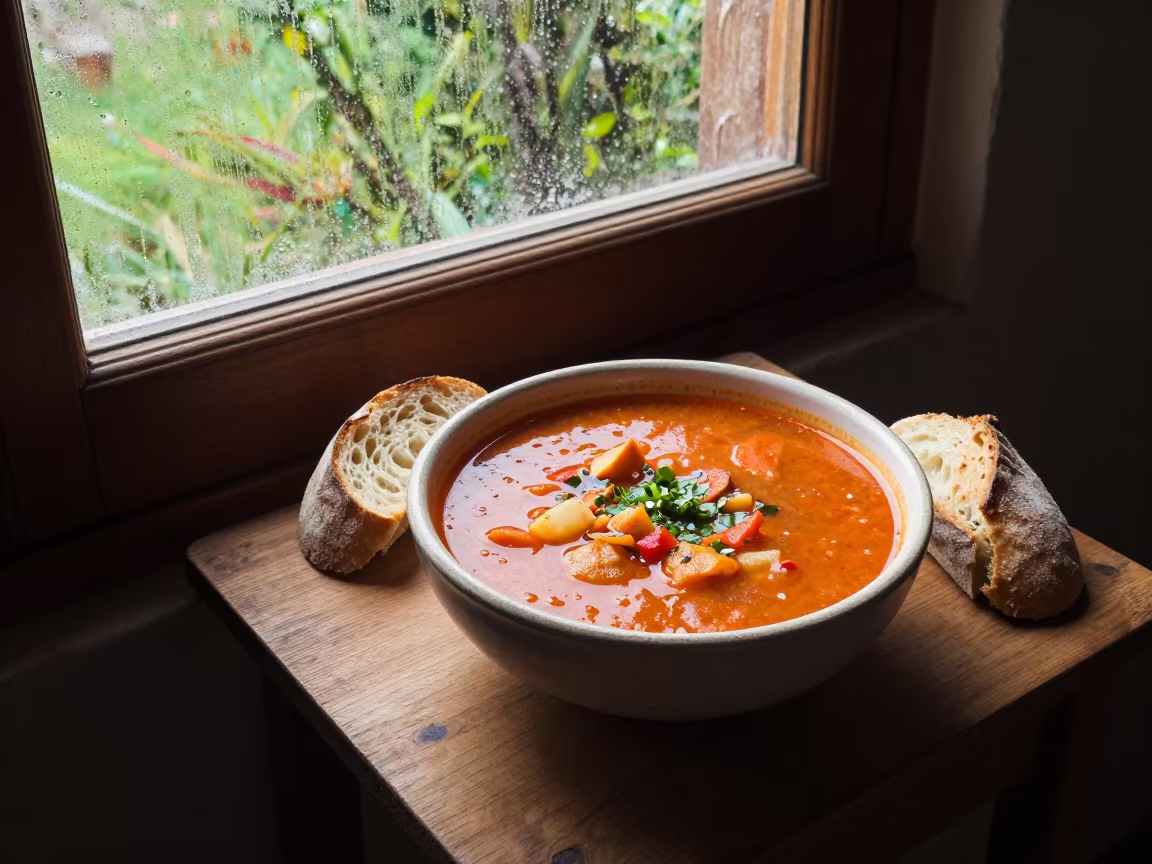 Bowl of Ribollita Soup and Crusty Bread in on a small dining table by a window in Huánuco
