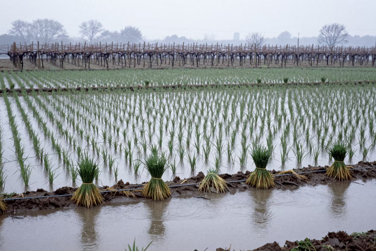 Rice Bundles on Rainy Dawn Paddy in between vineyard trellises in Hamilton