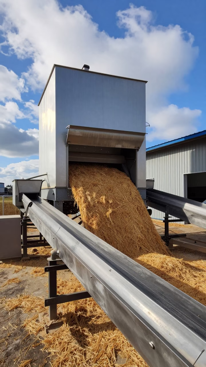Rice Chaff Blowing From Tohoku Mill Door in inside a packing hall with stainless conveyors in Tohoku