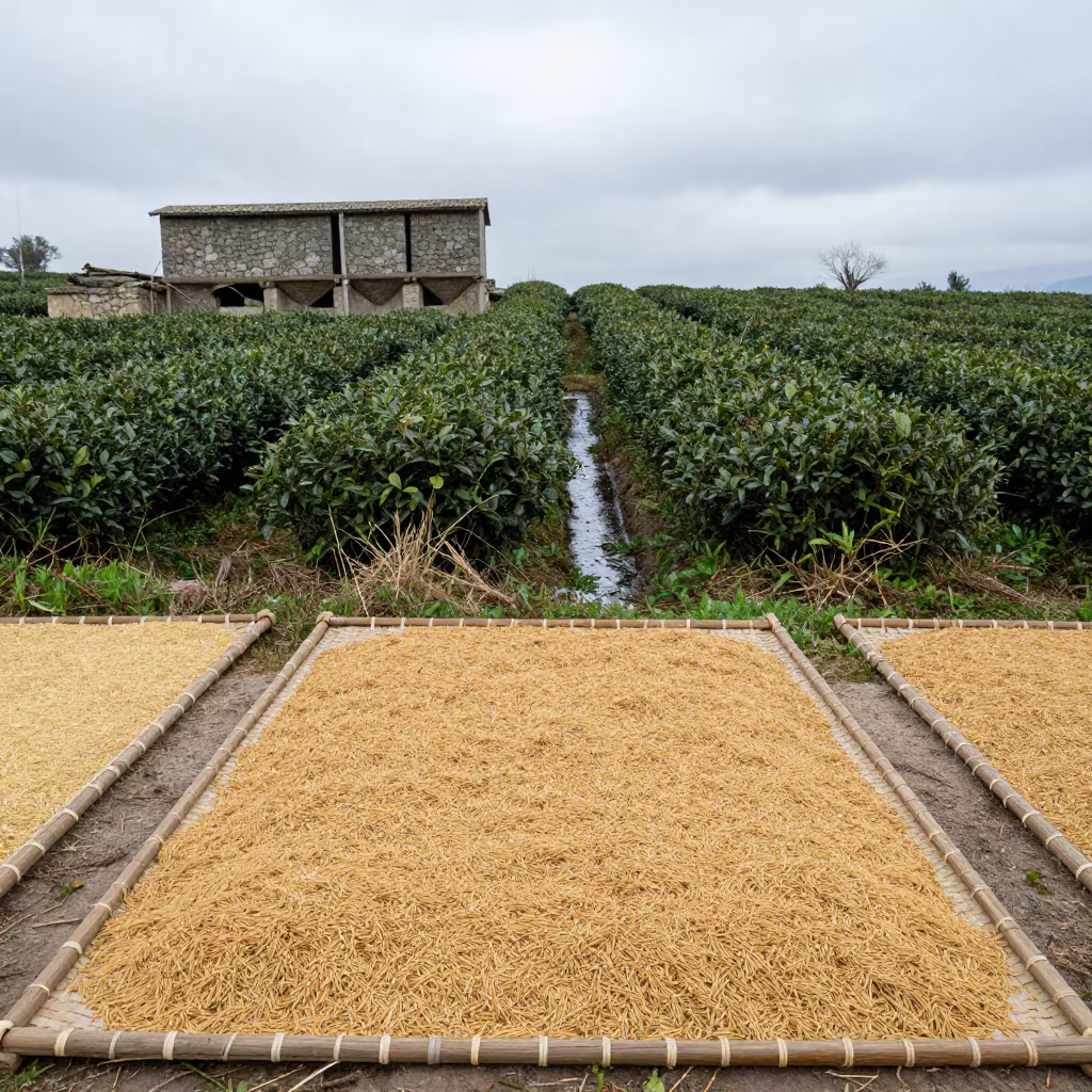 Rice Drying on Mats Near Campania Tea Plantation in at the edge of a tea plantation in Campania