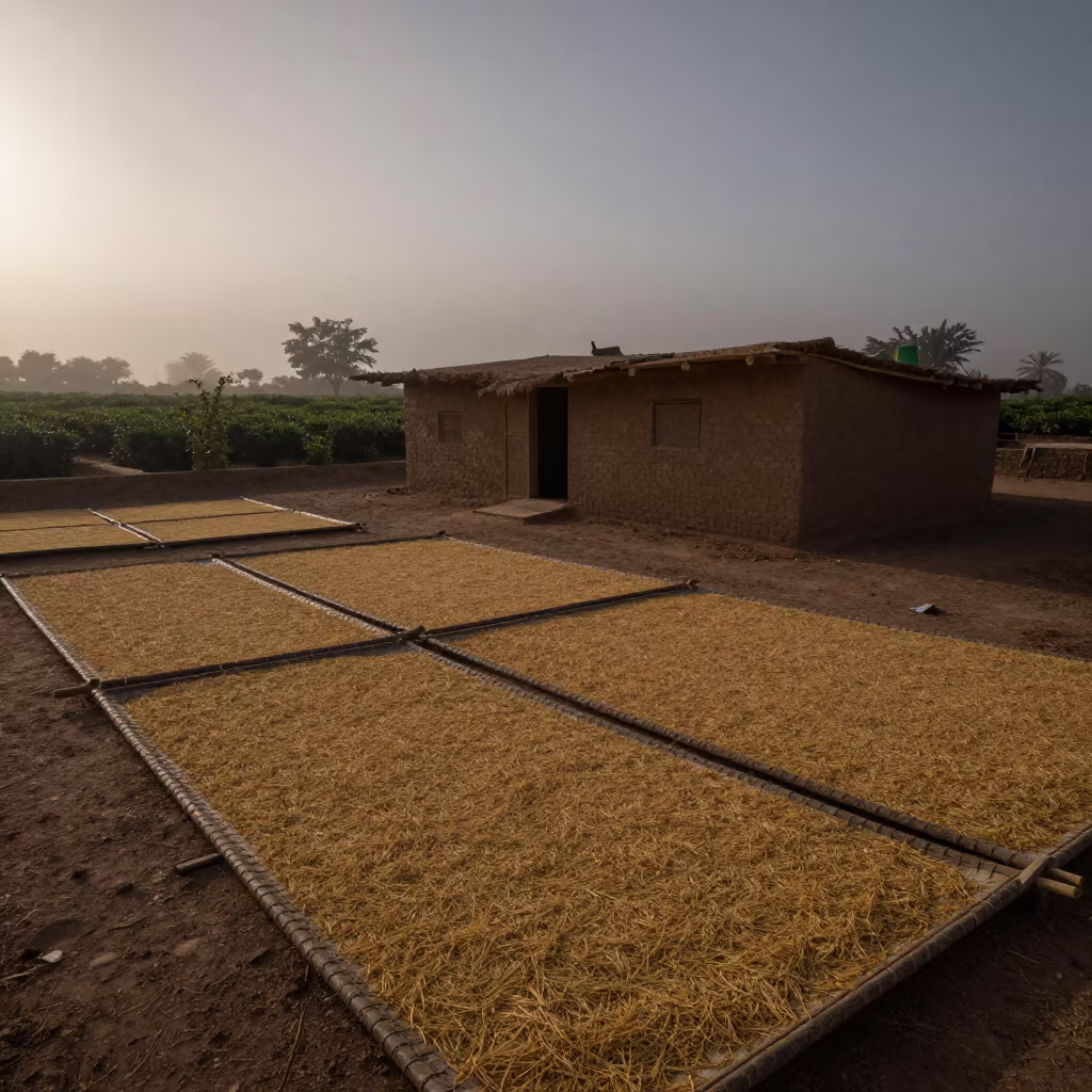 Rice drying on mats in Saudi tea plantation fog in at the edge of a tea plantation in Saudi Arabia