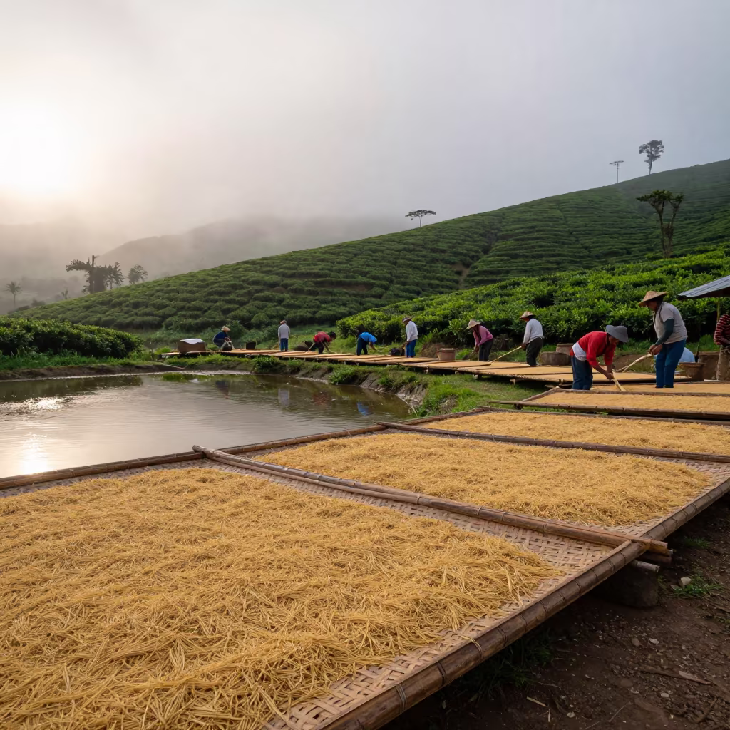 Rice Drying on Mats Near Tea Plantation Cajamarca in at the edge of a tea plantation in Cajamarca